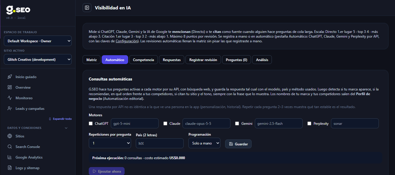 Seguimiento de menciones y citas en ChatGPT, Claude, Gemini y Perplexity dentro de G.SEO