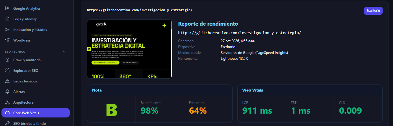 Reporte de rendimiento y Core Web Vitals (LCP, TBT, CLS) en G.SEO
