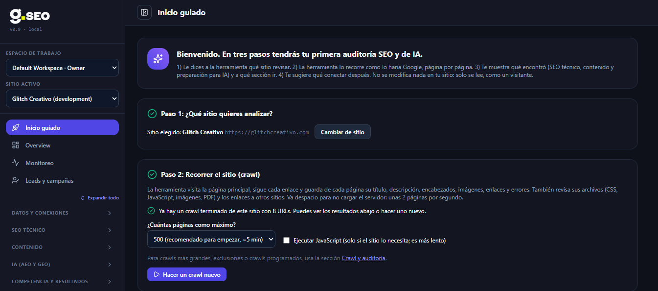 Inicio guiado en G.SEO: selección de sitio, rastreo inicial y recomendaciones de conexión