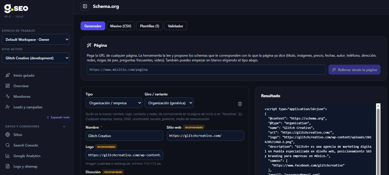 Generador, plantillas masivas por CSV y validador de Schema.org JSON-LD en G.SEO